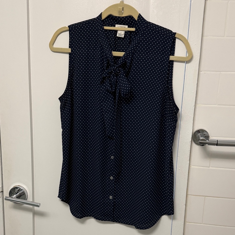 J Crew Navy Sleeveless Blouse with Dots